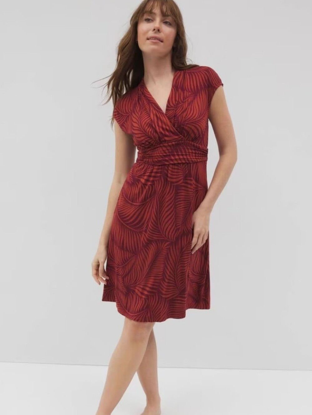 SOMA Mini Bra Dress In Palm Leaf Red Ochre Jersey Knit Pockets Stretchy Size M